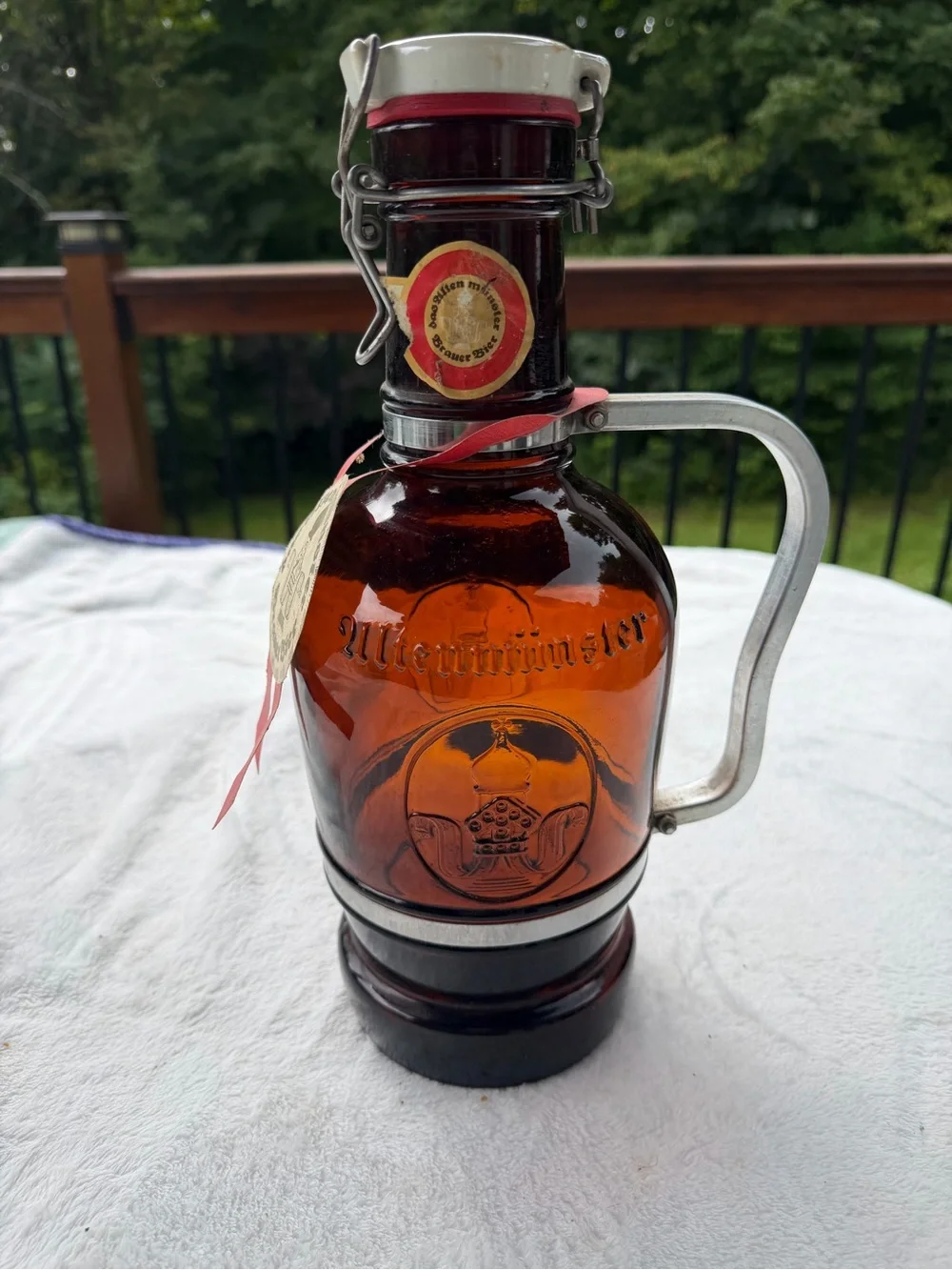 Vintage Altenmunster Brauer Bier German Beer Growler Bottle Amber Glass Handle2L
